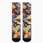 Japanese Hand Fan Pattern Print Crew Socks