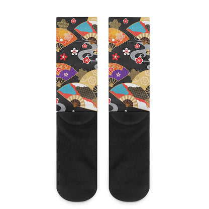 Japanese Hand Fan Pattern Print Crew Socks