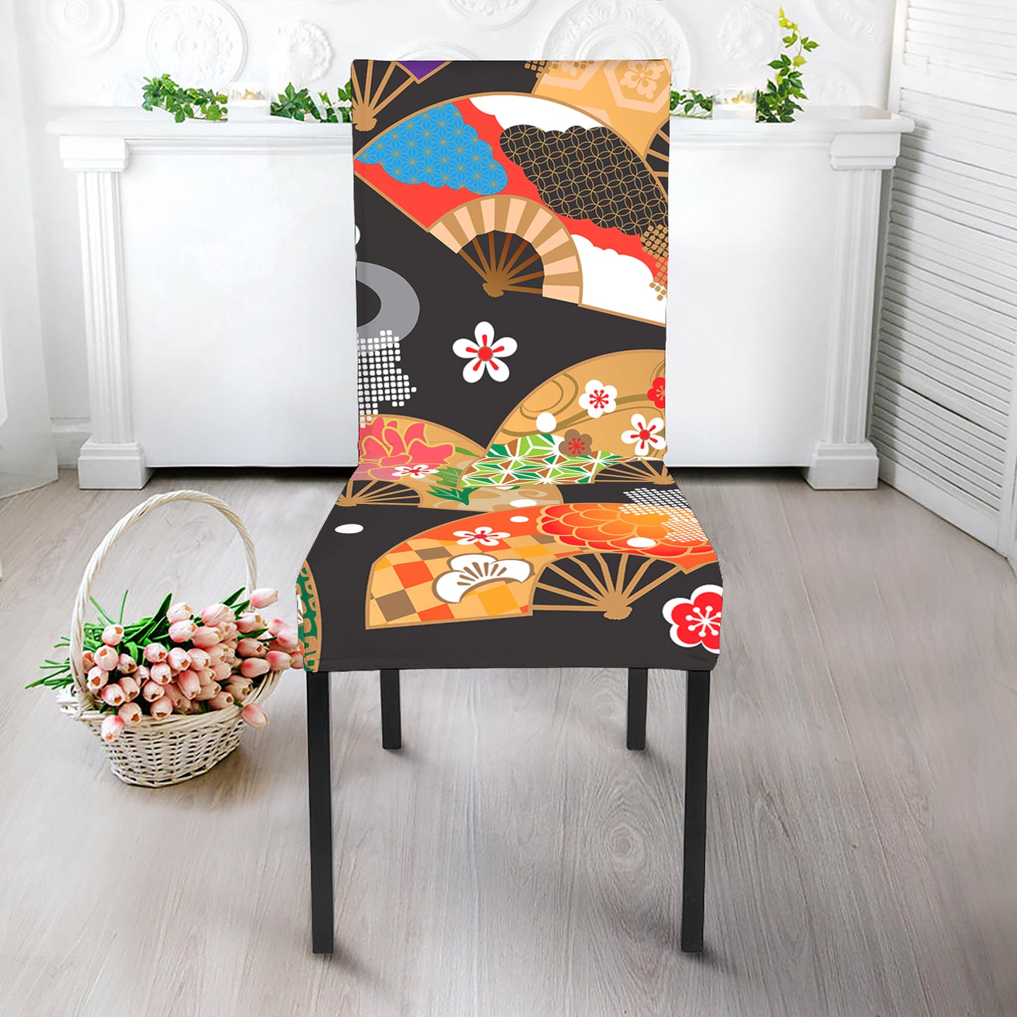 Japanese Hand Fan Pattern Print Dining Chair Slipcover