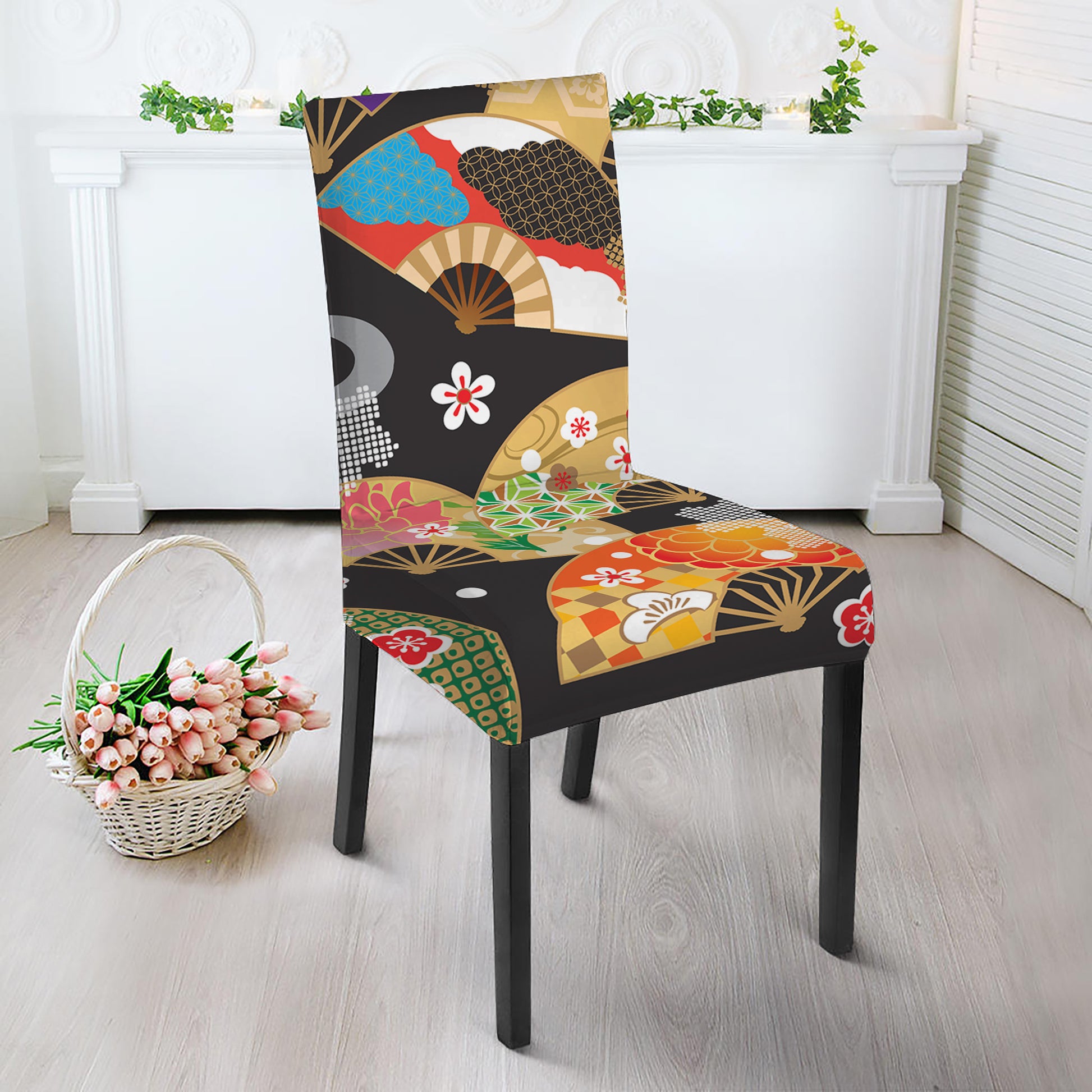 Japanese Hand Fan Pattern Print Dining Chair Slipcover