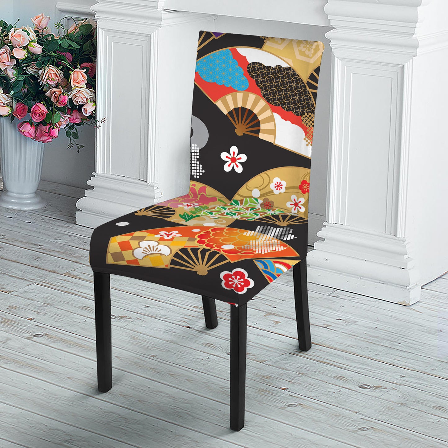 Japanese Hand Fan Pattern Print Dining Chair Slipcover