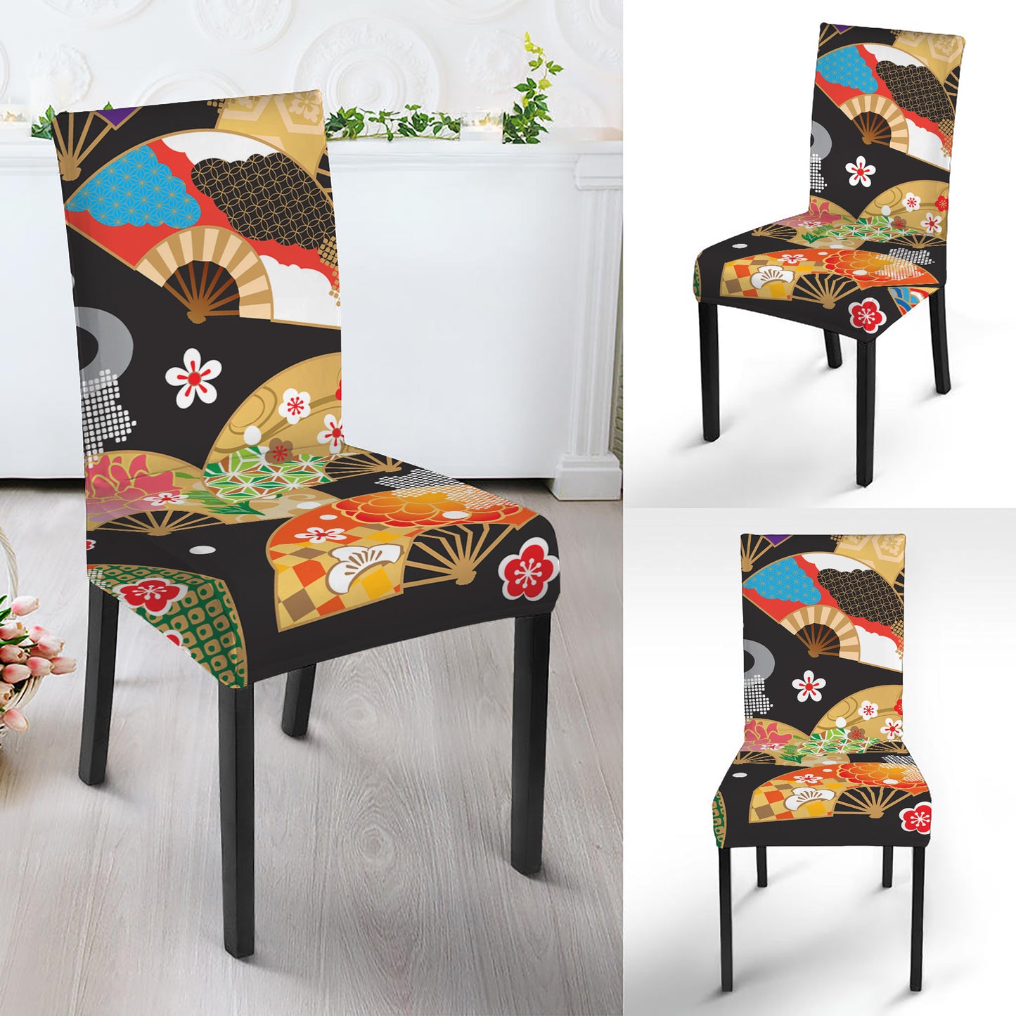 Japanese Hand Fan Pattern Print Dining Chair Slipcover
