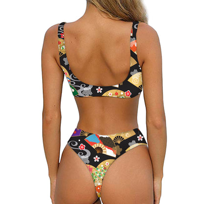 Japanese Hand Fan Pattern Print Front Bow Tie Bikini