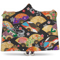 Japanese Hand Fan Pattern Print Hooded Blanket