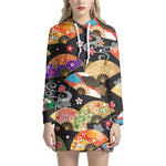 Japanese Hand Fan Pattern Print Hoodie Dress