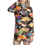 Japanese Hand Fan Pattern Print Hoodie Dress