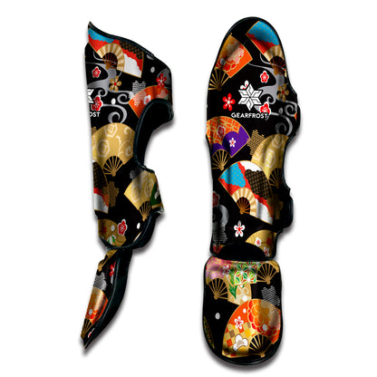 Japanese Hand Fan Pattern Print Muay Thai Shin Guard