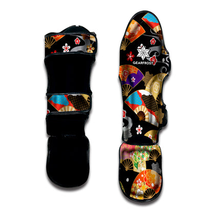 Japanese Hand Fan Pattern Print Muay Thai Shin Guard