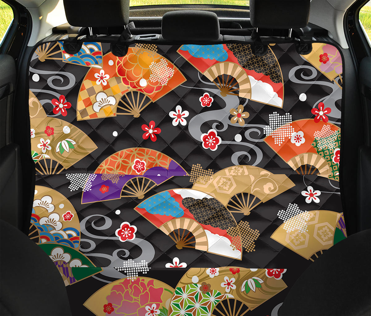 Japanese Hand Fan Pattern Print Pet Car Back Seat Cover