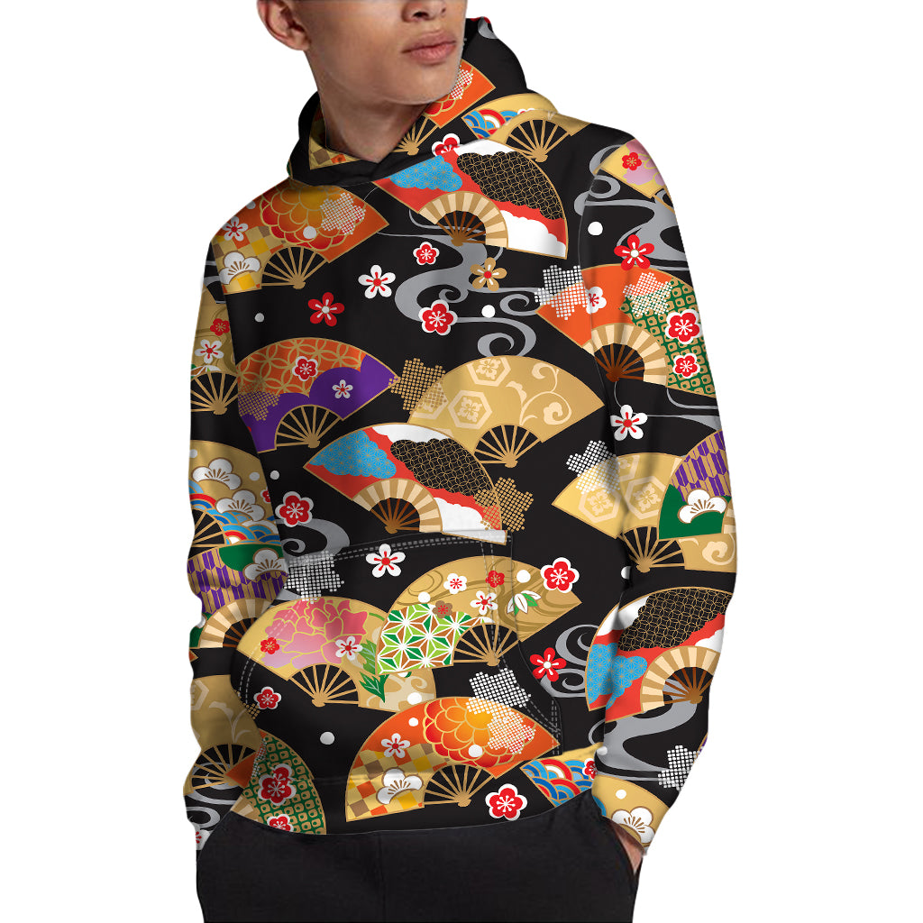 Japanese Hand Fan Pattern Print Pullover Hoodie