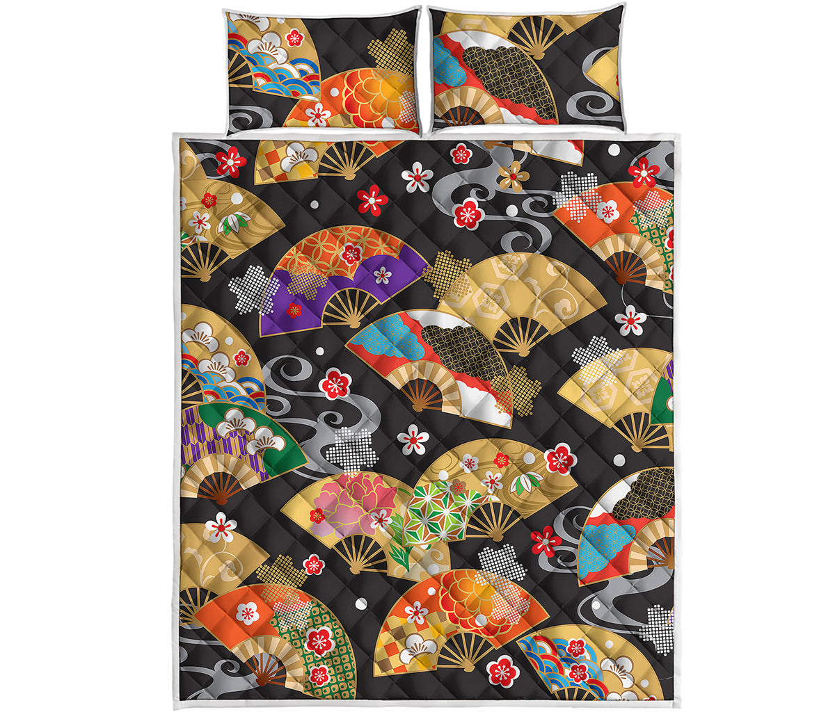 Japanese Hand Fan Pattern Print Quilt Bed Set