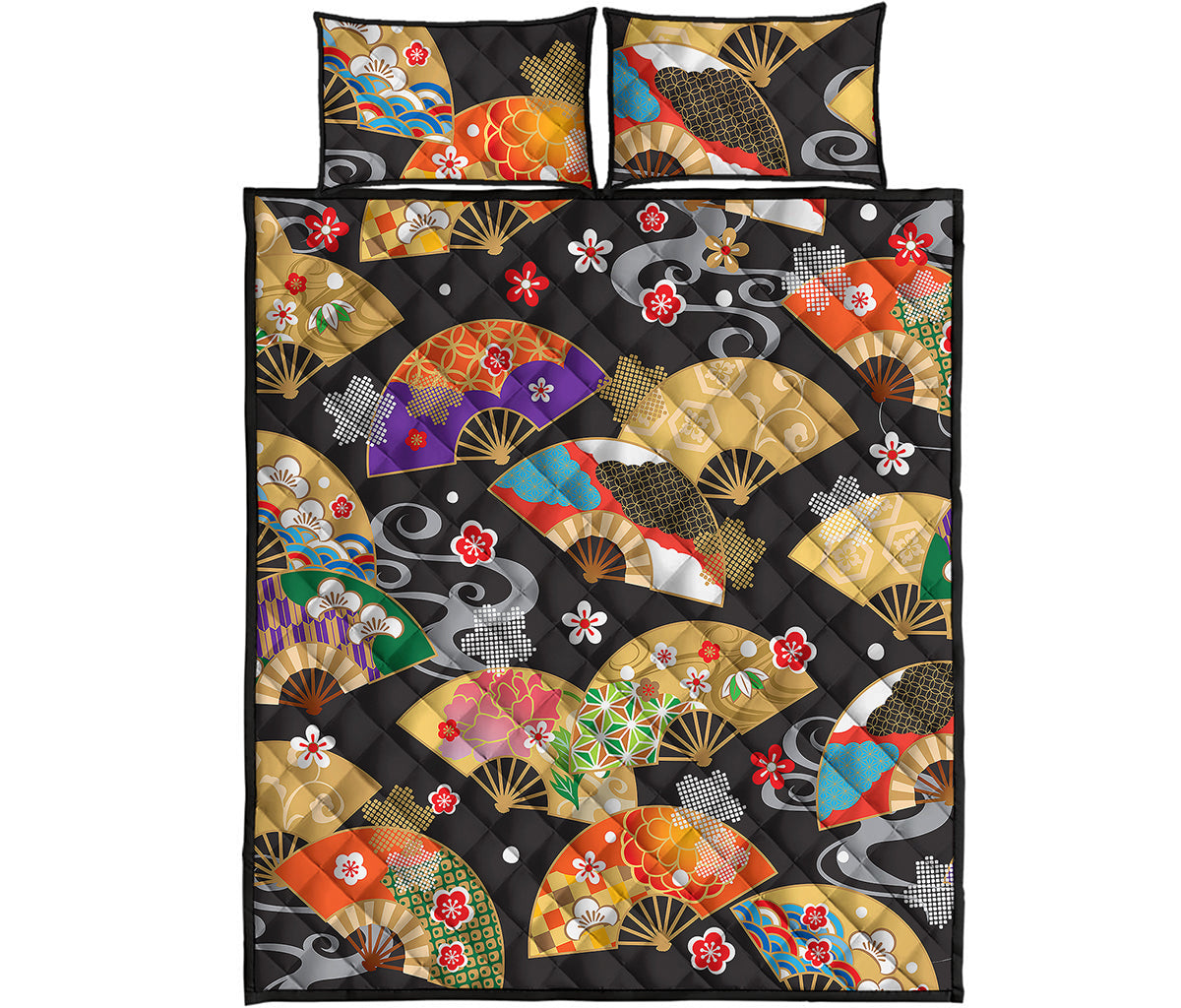 Japanese Hand Fan Pattern Print Quilt Bed Set