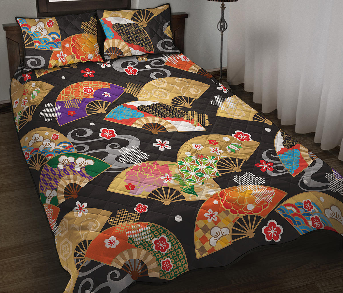 Japanese Hand Fan Pattern Print Quilt Bed Set