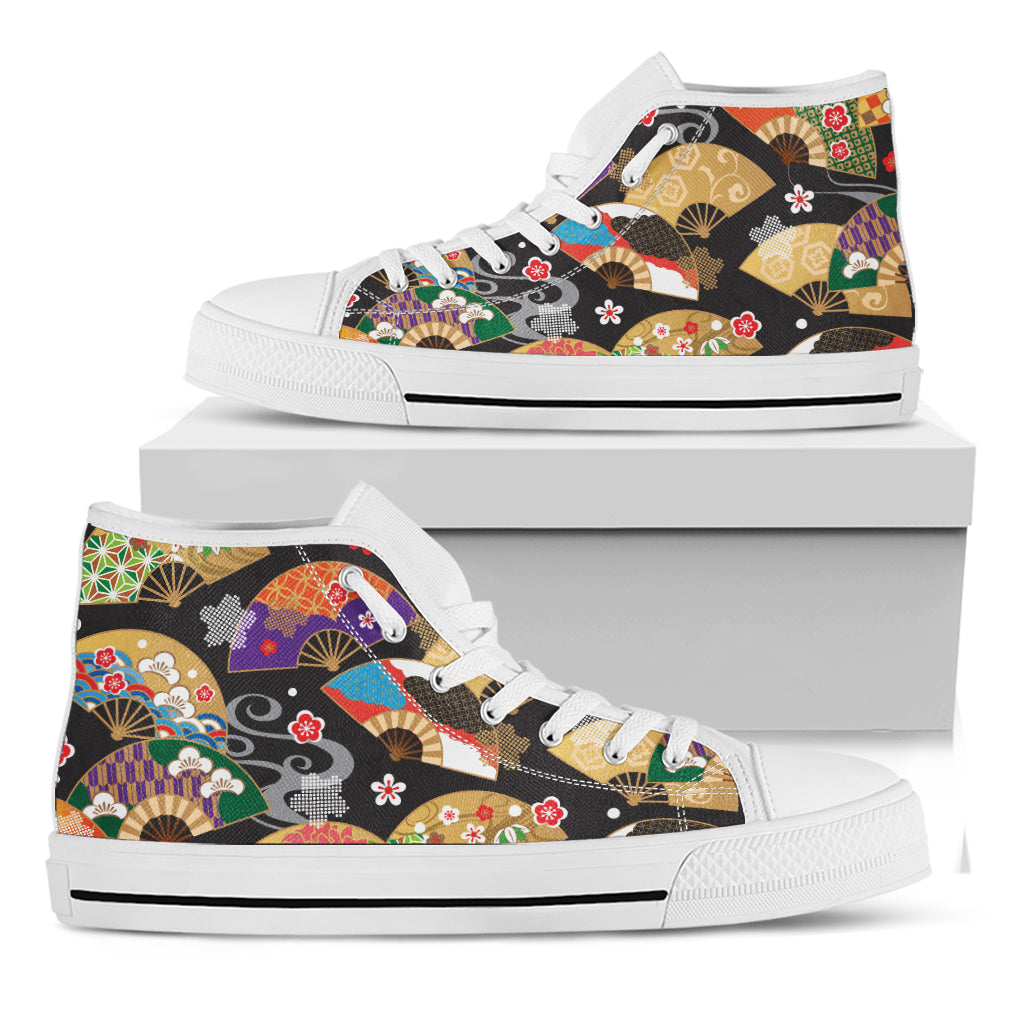 Japanese Hand Fan Pattern Print White High Top Shoes