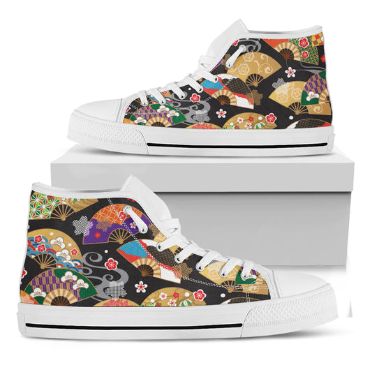 Japanese Hand Fan Pattern Print White High Top Shoes