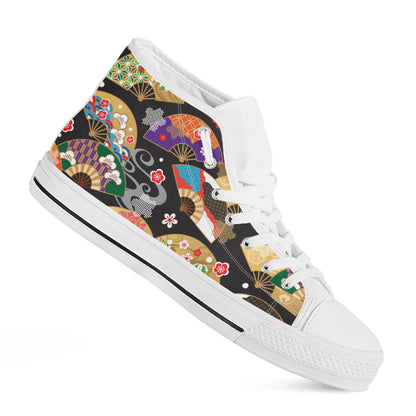 Japanese Hand Fan Pattern Print White High Top Shoes