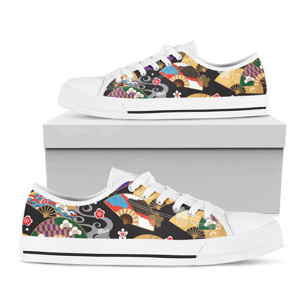 Japanese Hand Fan Pattern Print White Low Top Shoes