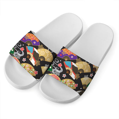 Japanese Hand Fan Pattern Print White Slide Sandals