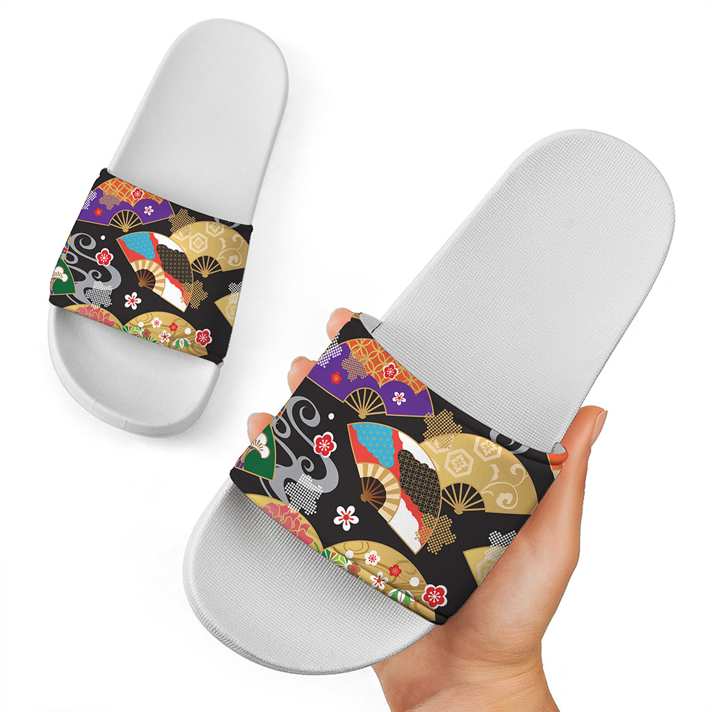 Japanese Hand Fan Pattern Print White Slide Sandals