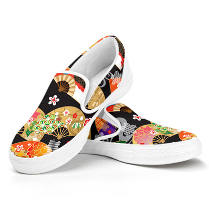 Japanese Hand Fan Pattern Print White Slip On Shoes