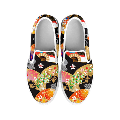 Japanese Hand Fan Pattern Print White Slip On Shoes