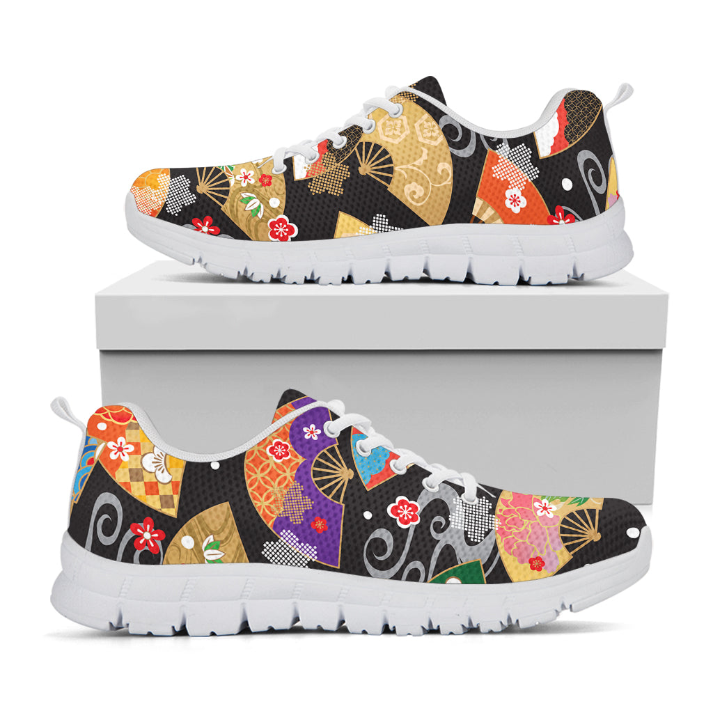 Japanese Hand Fan Pattern Print White Sneakers