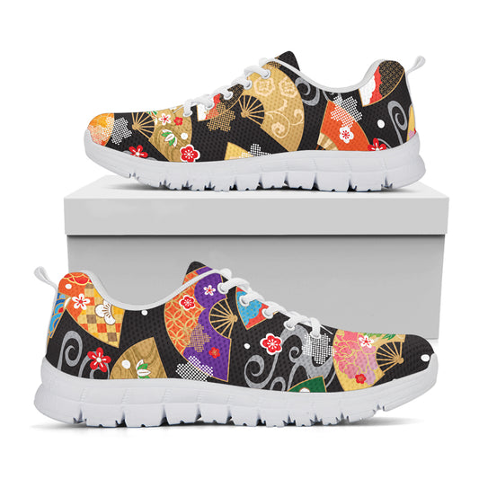 Japanese Hand Fan Pattern Print White Sneakers