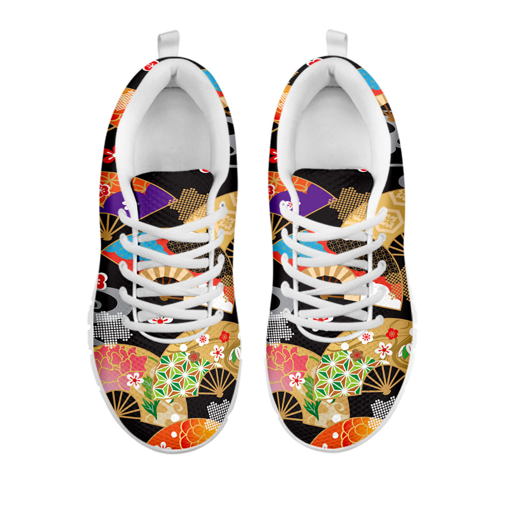 Japanese Hand Fan Pattern Print White Sneakers