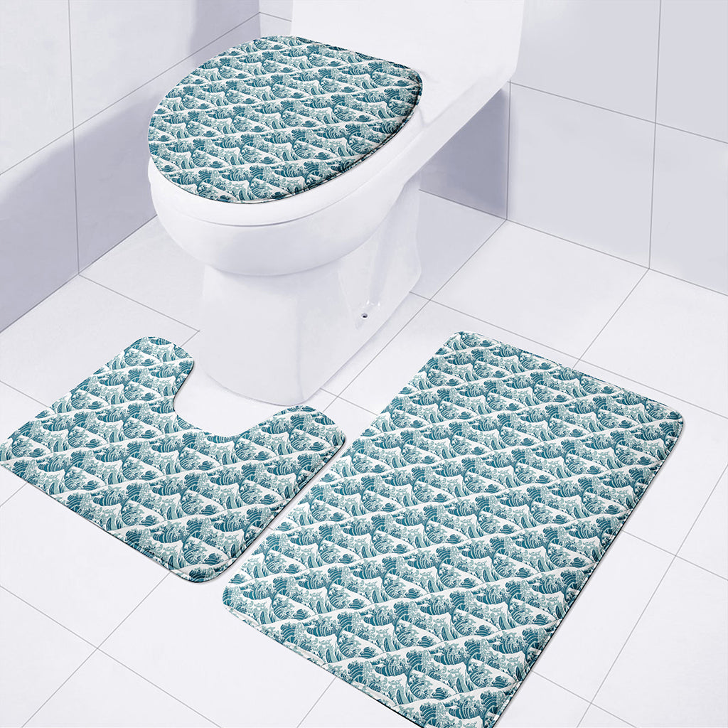 Japanese Kanagawa Wave Pattern Print 3 Piece Bath Mat Set
