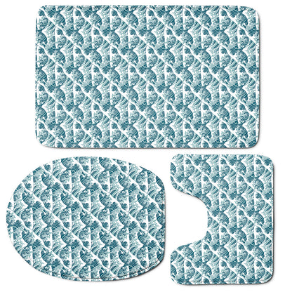 Japanese Kanagawa Wave Pattern Print 3 Piece Bath Mat Set