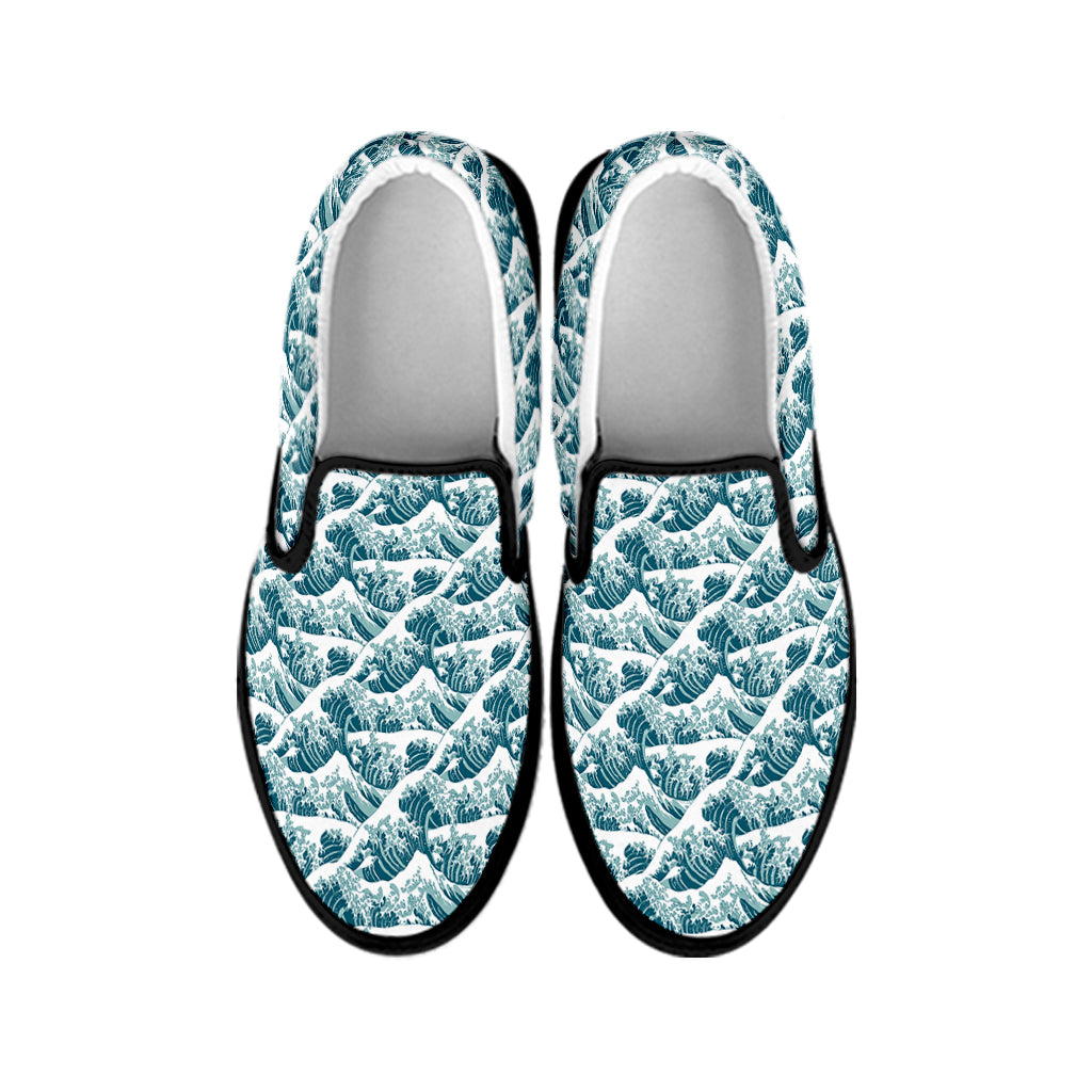 Japanese Kanagawa Wave Pattern Print Black Slip On Shoes