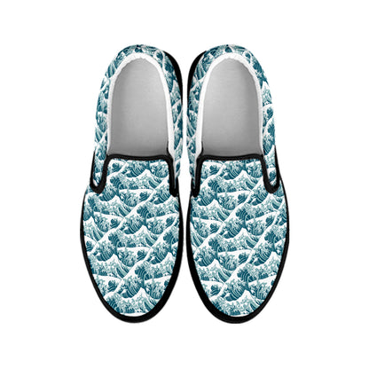 Japanese Kanagawa Wave Pattern Print Black Slip On Shoes