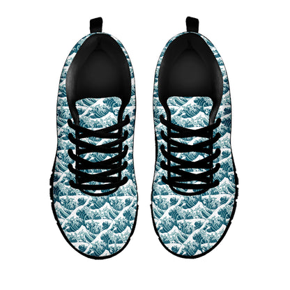 Japanese Kanagawa Wave Pattern Print Black Sneakers
