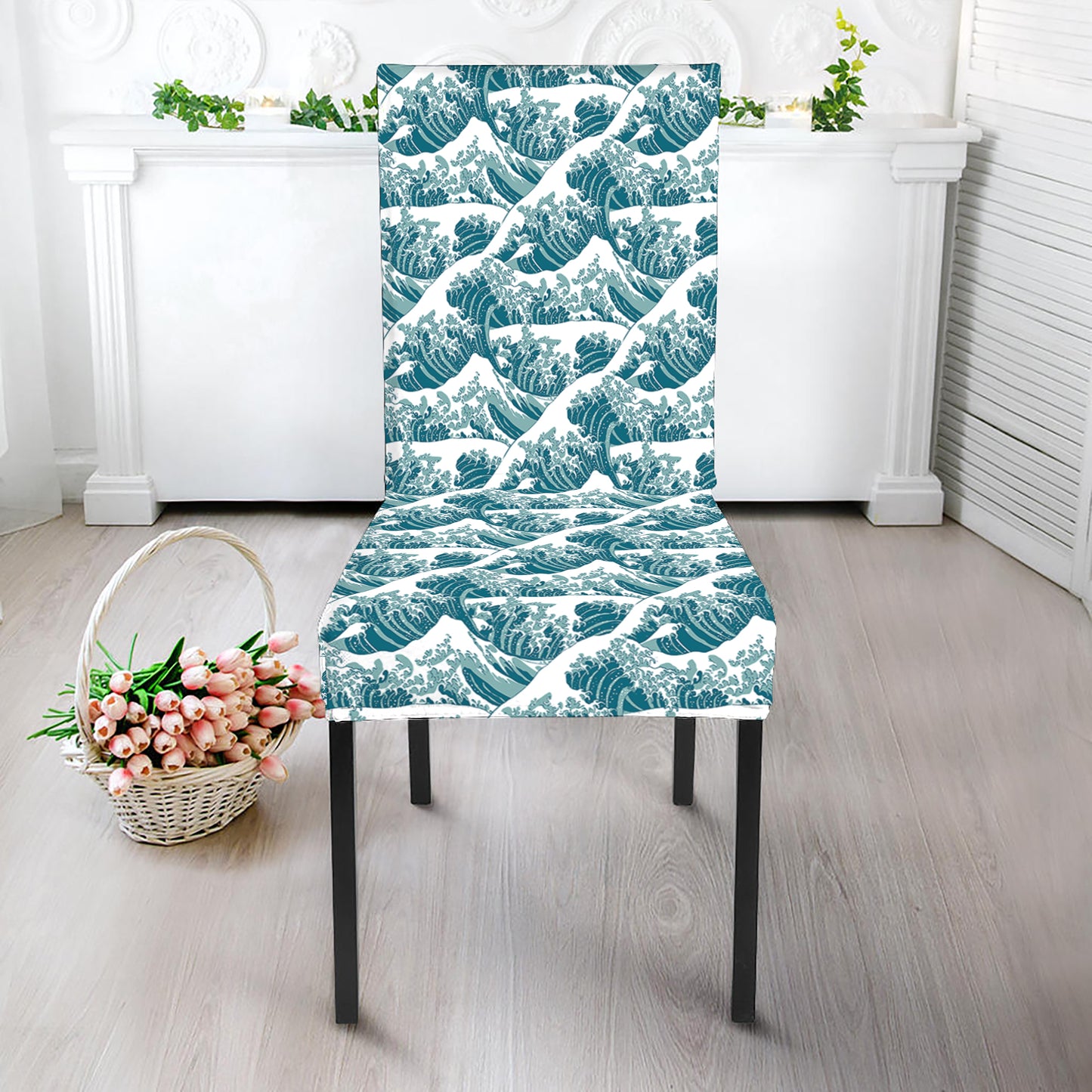 Japanese Kanagawa Wave Pattern Print Dining Chair Slipcover