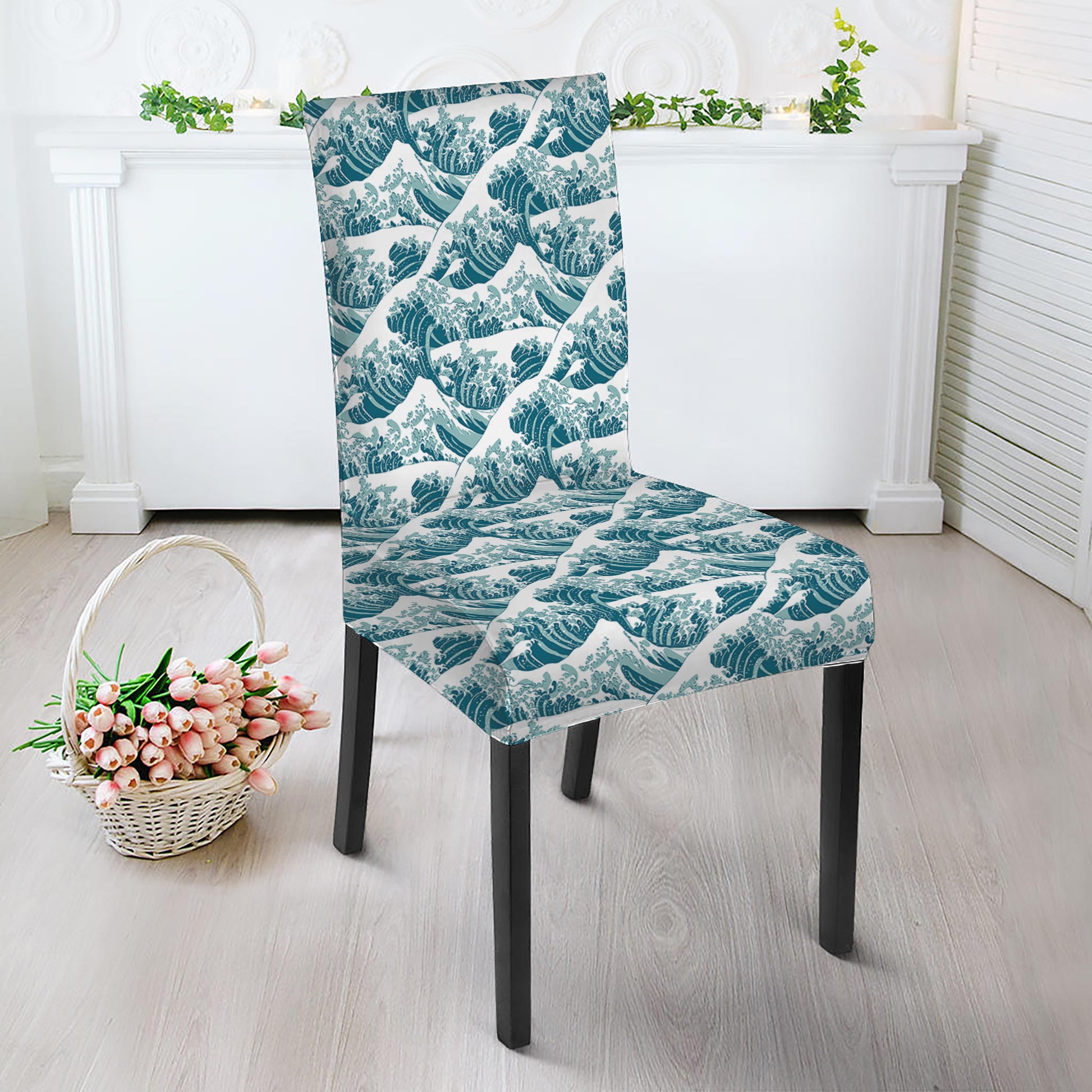 Japanese Kanagawa Wave Pattern Print Dining Chair Slipcover