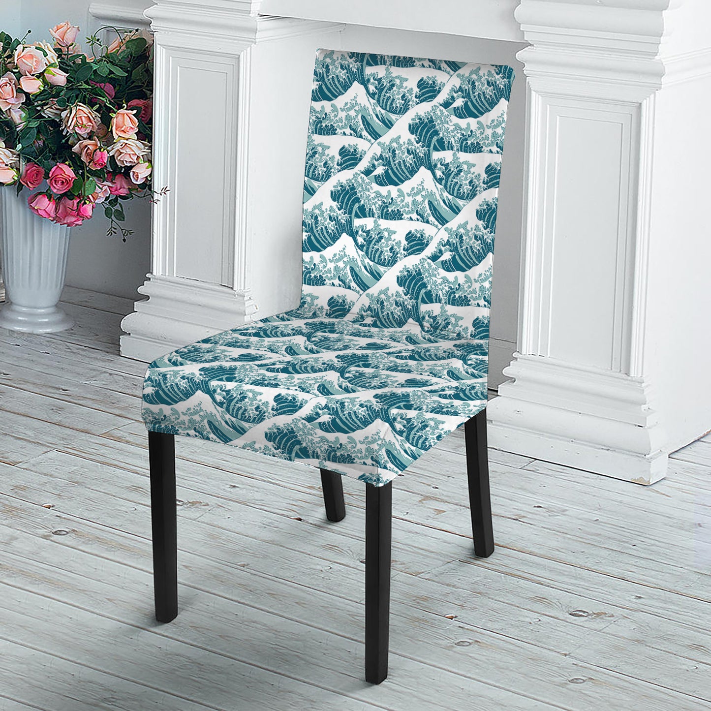 Japanese Kanagawa Wave Pattern Print Dining Chair Slipcover