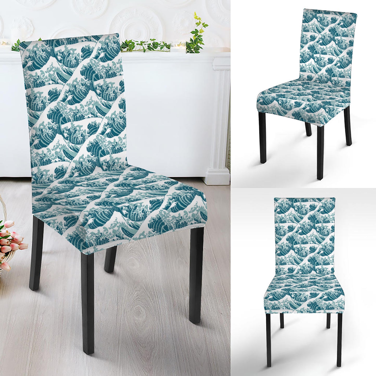 Japanese Kanagawa Wave Pattern Print Dining Chair Slipcover