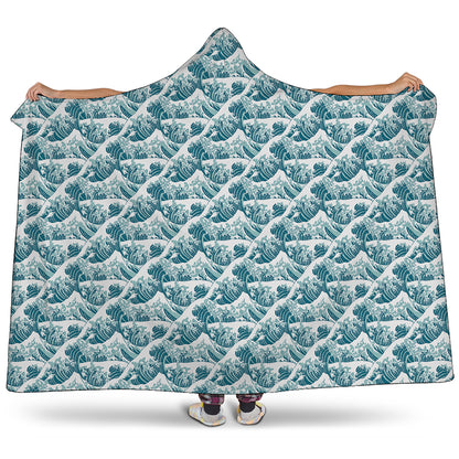 Japanese Kanagawa Wave Pattern Print Hooded Blanket