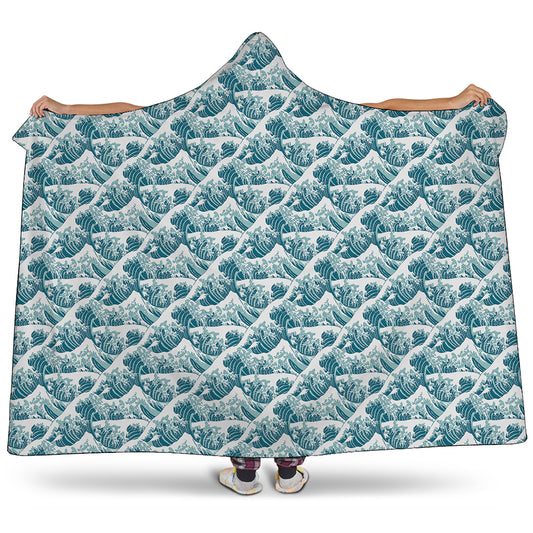 Japanese Kanagawa Wave Pattern Print Hooded Blanket