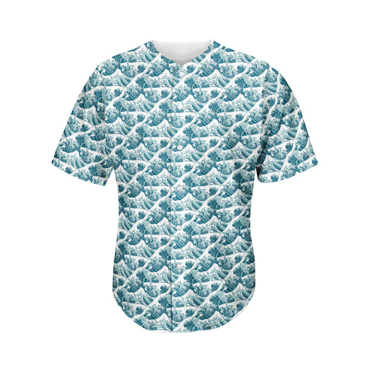 Japanese Kanagawa Wave Pattern Print Men's Baseball Jersey