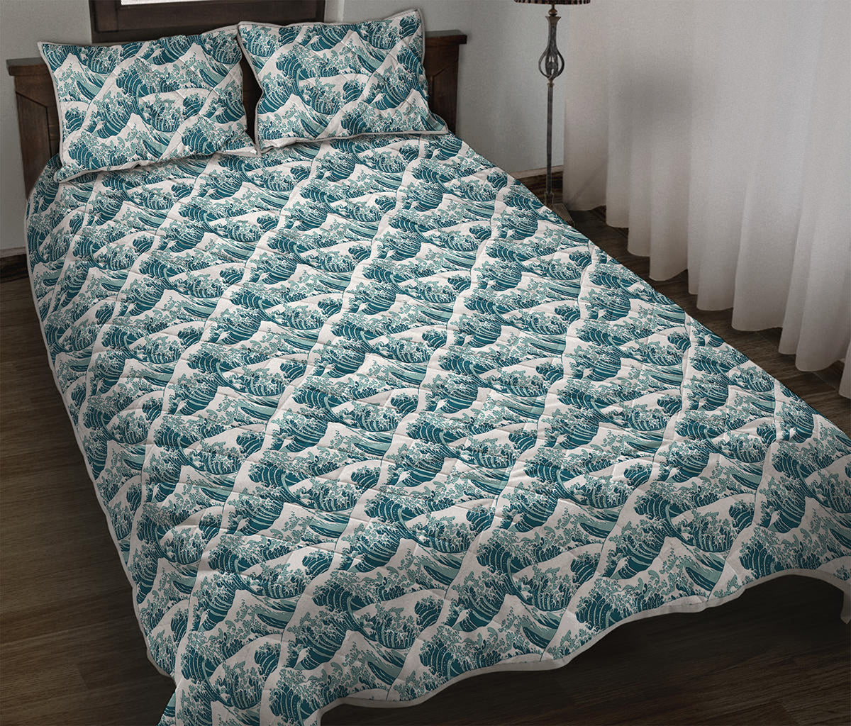 Japanese Kanagawa Wave Pattern Print Quilt Bed Set