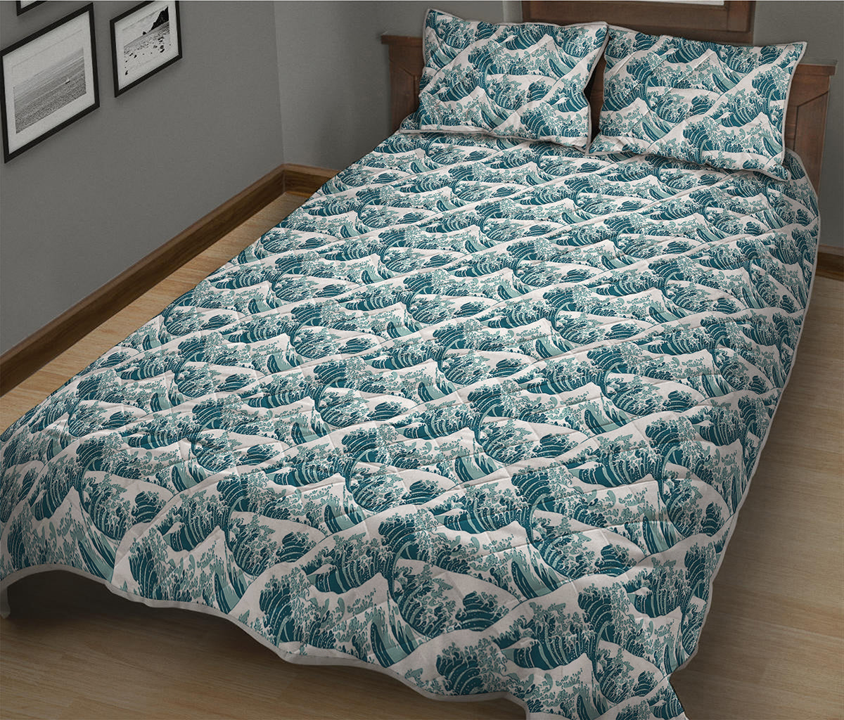 Japanese Kanagawa Wave Pattern Print Quilt Bed Set