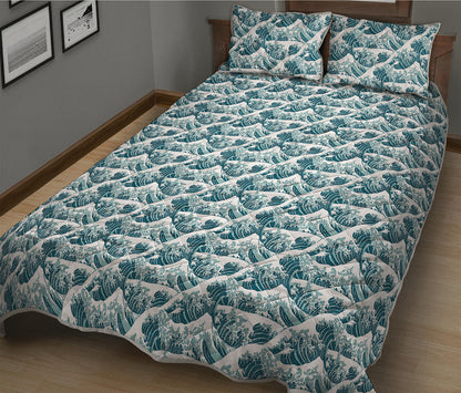 Japanese Kanagawa Wave Pattern Print Quilt Bed Set