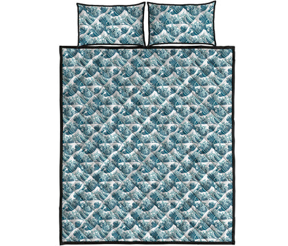 Japanese Kanagawa Wave Pattern Print Quilt Bed Set