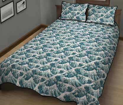 Japanese Kanagawa Wave Pattern Print Quilt Bed Set