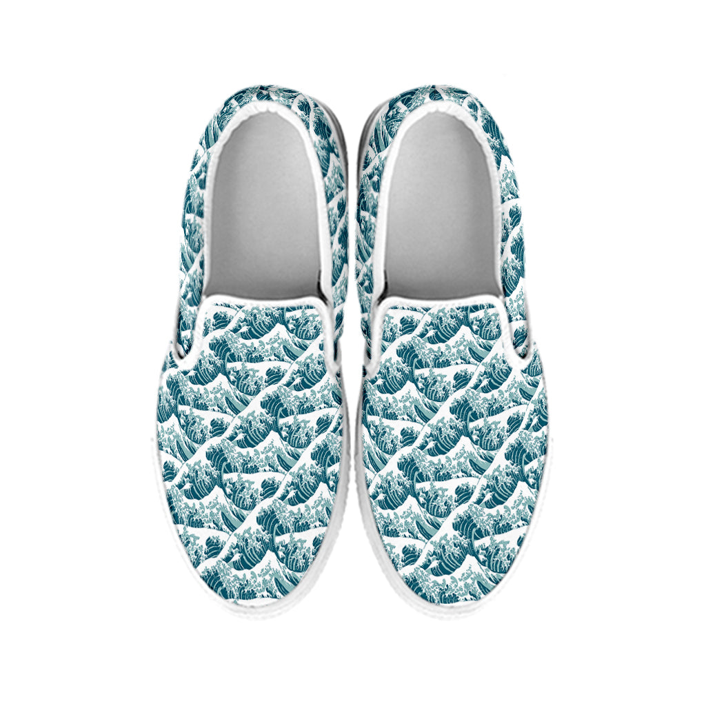 Japanese Kanagawa Wave Pattern Print White Slip On Shoes
