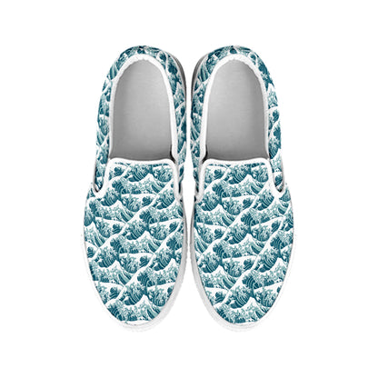 Japanese Kanagawa Wave Pattern Print White Slip On Shoes