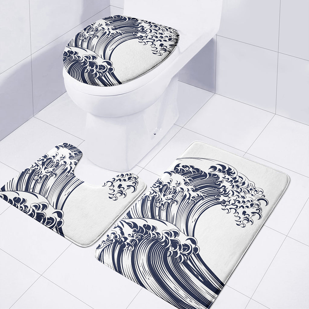 Japanese Kanagawa Wave Print 3 Piece Bath Mat Set
