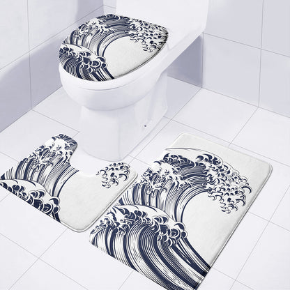 Japanese Kanagawa Wave Print 3 Piece Bath Mat Set