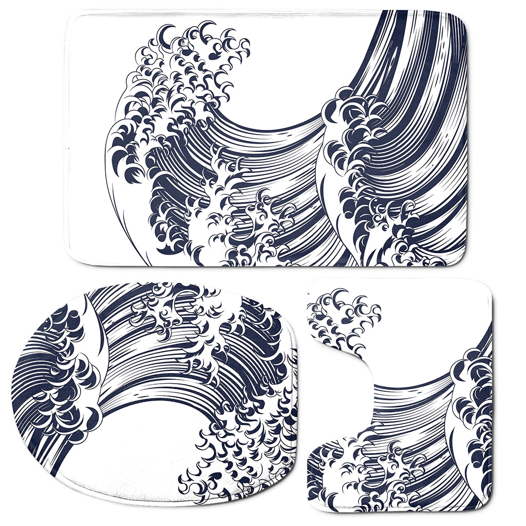 Japanese Kanagawa Wave Print 3 Piece Bath Mat Set